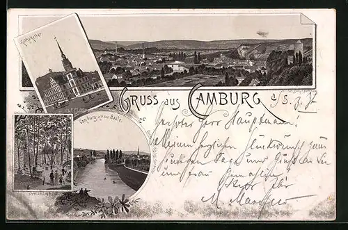 Lithographie Camburg, Rathskeller, Cyriakskirche, Saalepartie