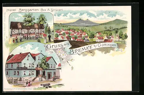 Lithographie Bremke b. Göttingen, Hotel Berggarten, Totalansicht