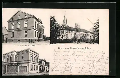 AK Gross-Germersleben, Warenhaus A. Uhde, Kirche