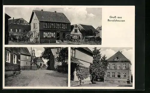 AK Ravolzhausen, Strassenpartie mit Kirche, Gebäudeansichten