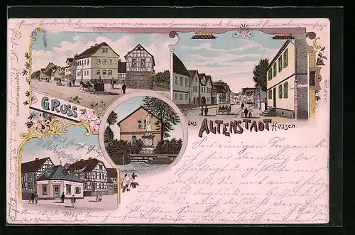 Lithographie Altenstadt /Hessen, Colonialwarenhandlung, Strassenpartie, Kriegerdenkmal