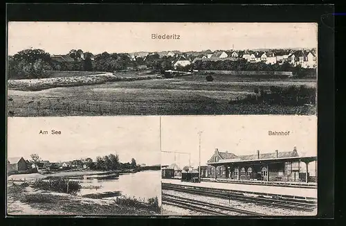AK Biederitz, Ortspartie am See, Bahnhof, Totalansicht