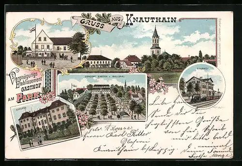 Lithographie Knauthain, Gasthof am Park, Schloss, Konzertgarten und Ballsaal, Bahnhof