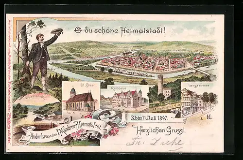 Lithographie Hann. Münden, Weserblick, St. Blasii, Rathaus, Langenstrasse, Gesamtansicht