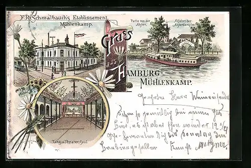 Lithographie Hamburg, Hotel Mühlenkamp, Dampfer auf der Alster