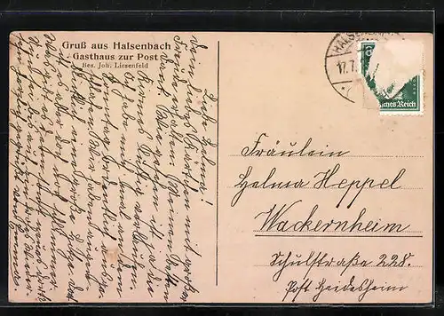 AK Halsenbach, Gasthaus zur Post, Pfarrhaus und Kirche, Totalansicht