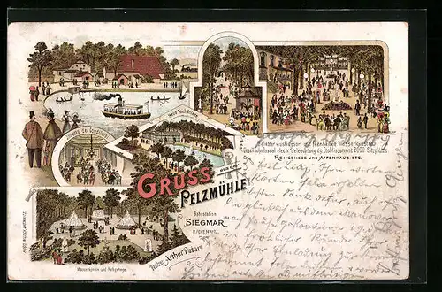 Lithographie Chemnitz-Siegmar, Gasthaus zur Pelzmühle, Neue Teichanlage, Rehgehege