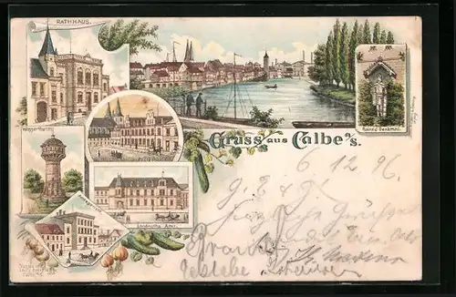 Lithographie Calbe a. S., Rathaus, Wasserturm, Rolanddenkmal, Amtsgericht