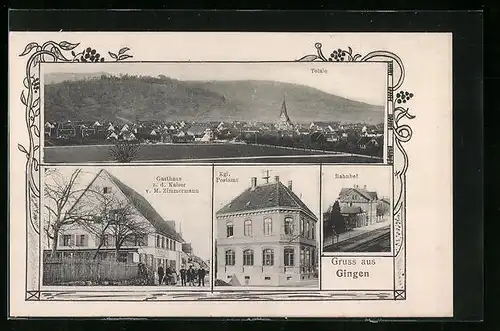 AK Gingen, Gasthaus z. d. Kaiser, Kgl. Postamt, Bahnhof, Totalansicht