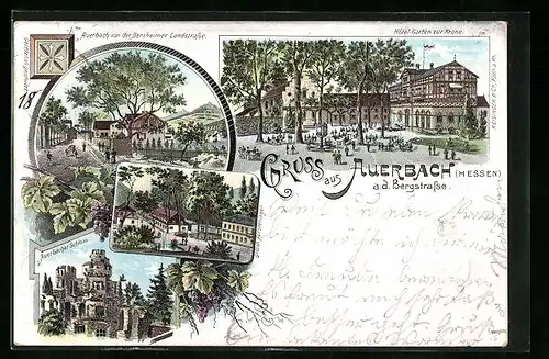 Lithographie Auerbach a. d. Bergstrasse, Hotel-Garten zur Krone, Schloss, Bensheimer Landstrasse