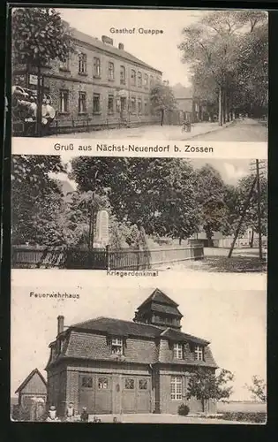 AK Nächst-Neuendorf b. Zossen, Gasthof Quappe, Feuerwehrhaus, Kriegerdenkmal