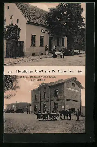 AK Pr. Börnecke b. Magdeburg, Restaurant, Bahnhof mit Güterbahnhof