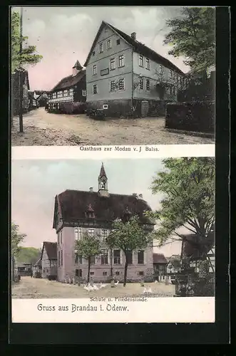 AK Brandau i. Odenw., Gasthaus zur Modau, Schule und Friedenslinde