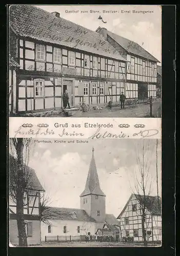 AK Etzelsrode, Gasthof zum Stern, Pfarrhaus, Kirche und Schule