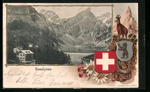 Passepartout-Lithographie Seealpsee, Ortsansicht mit Gasthaus, Gämse, Wappen