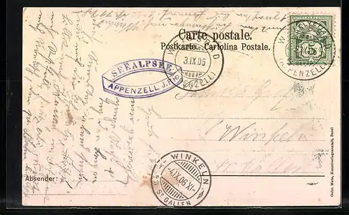 Passepartout-Lithographie Seealpsee, Ortsansicht mit Gasthaus, Gämse, Wappen