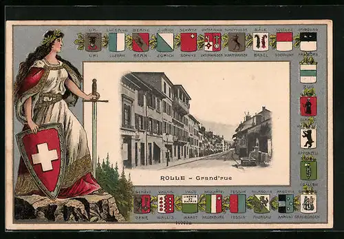 Passepartout-Lithographie Rolle, Grand` Rue, Helvetia, Wappen