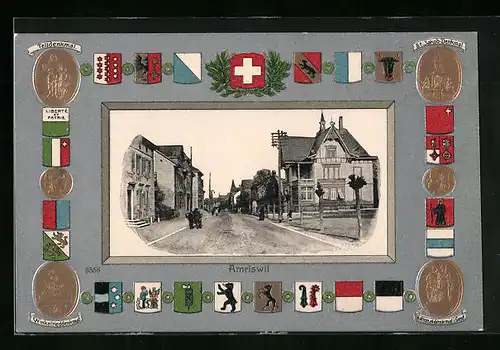 Passepartout-Lithographie Amriswil, Strassenpartie mit Passanten, Wappen