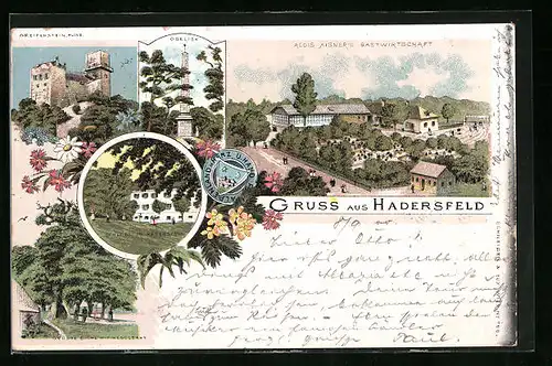 Lithographie Hadersfeld, Alois Aigner`s Gastwirtschaft, Ruine Greifenstein, Obelisk