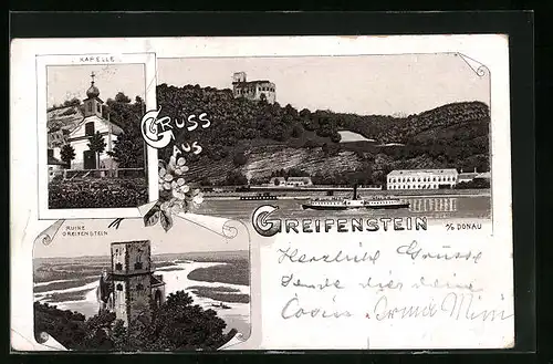Lithographie Greifenstein a. d. Donau, Uferpartie mit Dampfer, Ruine Greifenstein, Kapelle