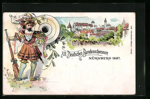 Lithographie Nürnberg, XII. Deutsches Bundesschiessen 1897, Teilansicht, Schütze mit Gewehr und Zielscheibe