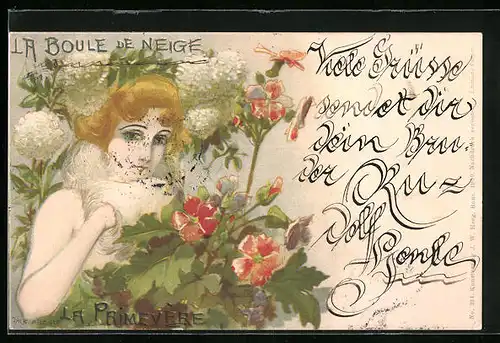 Künstler-AK sign. Jack Abeillé: La Primevère, La Boule de Neige, Junge Frau mit Blumen, Jugendstil