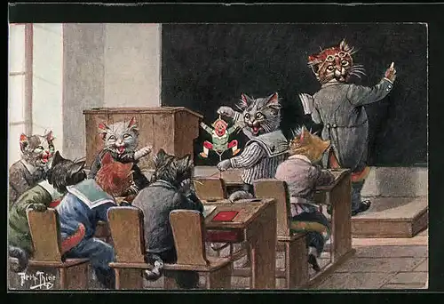 Künstler-AK Arthur Thiele: Katzen im Klassenzimmer amüsieren sich mit Hampelmann