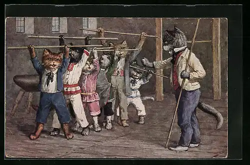 Künstler-AK Arthur Thiele: Katzen im Turnunterricht bei Stabübungen