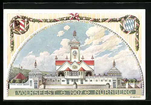Künstler-AK Nürnberg, Volksfest 1907 - Festgebäude, Wappen