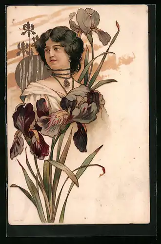 Künstler-AK Dame mit Halskette und Lilien, Jugendstil