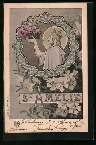 Künstler-AK Schutzpatronin Amelie mit Rosenkorb, Blumen, Ornamente, Jugendstil