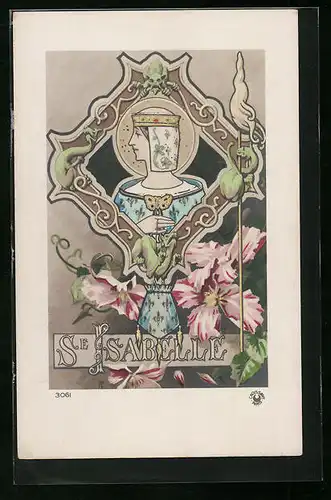 Künstler-AK Schutzpatronin Isabelle umrahmt von Drachen mit Blumen, Jugendstil