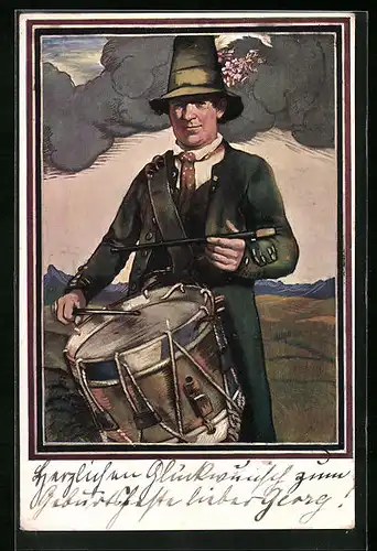 Künstler-AK München, Deutsches Bundesschiessen 1906 - Trommler mit hohem Hut