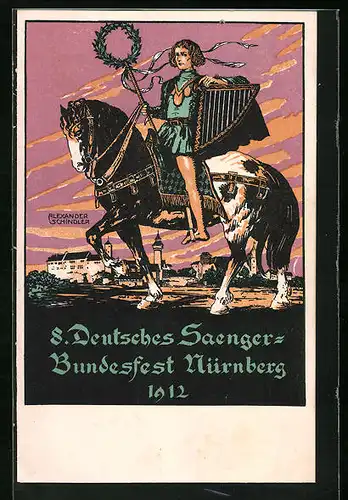 AK Nürnberg, 8. Deutsches Sänger-Bundesfest 1912, Barde auf Pferd mit Harfe