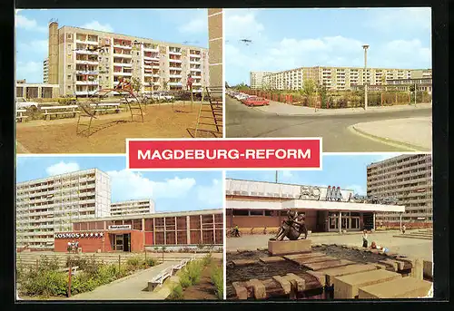 AK Magdeburg-Reform, HO-Gasthaus Kosmos, Kaufhalle, Springbrunnen