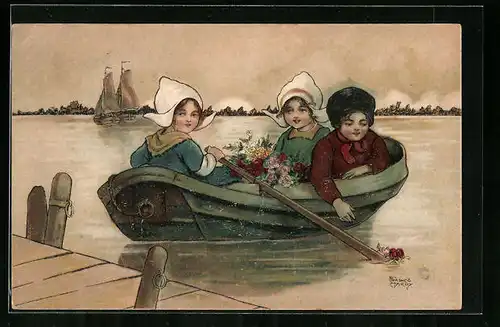 Künstler-AK Florence Hardy: Holländer mit zwei Holländerinnen im Boot am Steg
