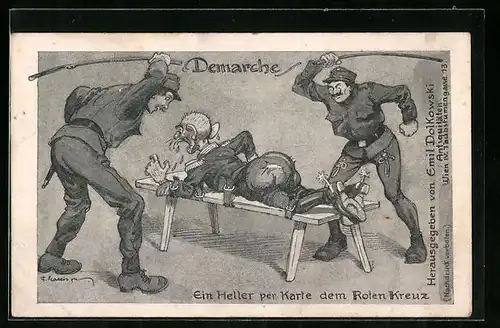 Künstler-AK F. Gareis: Demarche, Zwei Soldaten schlagen ihren Gegener, Propaganda 1. Weltkrieg