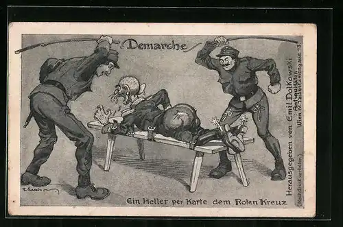 Künstler-AK F. Gareis: Demarche, Zwei Soldaten schlagen ihren Gegener, Propaganda 1. Weltkrieg