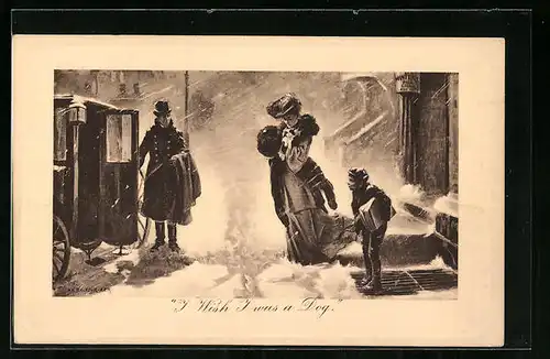 Künstler-AK James Henderson + Sons Nr. 24: I Wish I was a Dog, Dame vor einer Kutsche im Winter