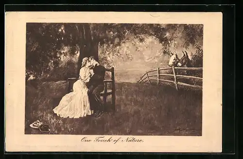 Künstler-AK James Henderson + Sons Nr. 212: Liebespaar unterm Baum, Im Hintergrund zwei Esel am Zaun