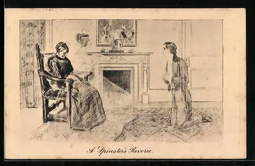 Künstler-AK James Henderson + Sons Nr. 93: A Spinster`s Reverie, Herr kniet vor alter Frau