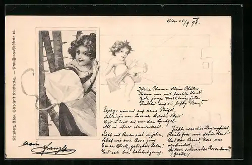 Künstler-AK Theo Stroefer Serie Nr. 16: Junge Dame vor Bäumen, Kind im Spinnennetz