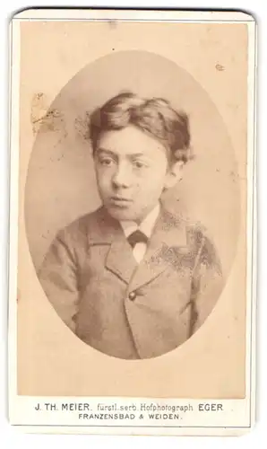 Fotografie J. Th. Meier, Eger, Knabe mit unordentlich gekämmten Haaren im Anzug