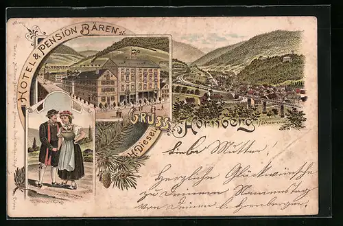 Lithographie Hornberg /Schwarzwald, Hotel u. Pension Bären, Totalansicht, Gutacher Tracht