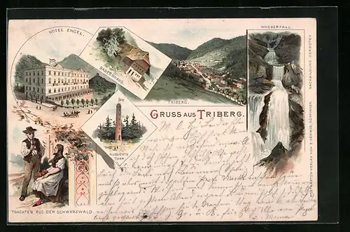 Lithographie Triberg, Hotel Engel, Bauernhaus, Wasserfall