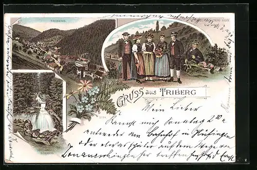 Lithographie Triberg, Wasserfall, Totalansicht, Volkstrachten von Gutach