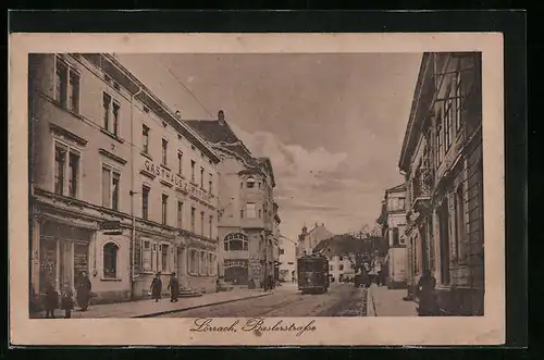 AK Lörrach, Baslerstrasse mit Strassenbahn