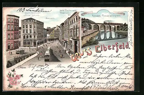 Lithographie Elberfeld, Hotel-Restaurant zu den drei Kaisern, Eisenbahn-Viadukt b. Sonnborn