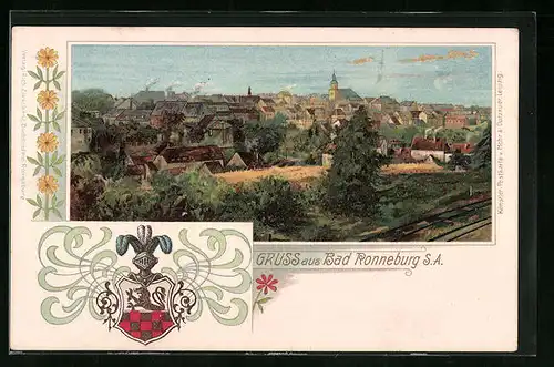 Lithographie Bad Ronneburg, Panorama mit Kirche, Wappen