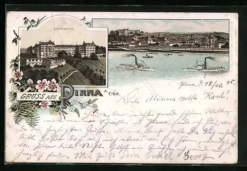Vorläufer-Lithographie Pirna /Elbe, 1895, Sonnenstein, Totalansicht mit Dampfern